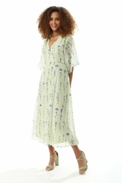 Liquorish Floral Print Midi Wrap Dress In Mint Green