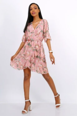 Lilura London Mini Wrap Dress With Frill Hem In Pink Floral