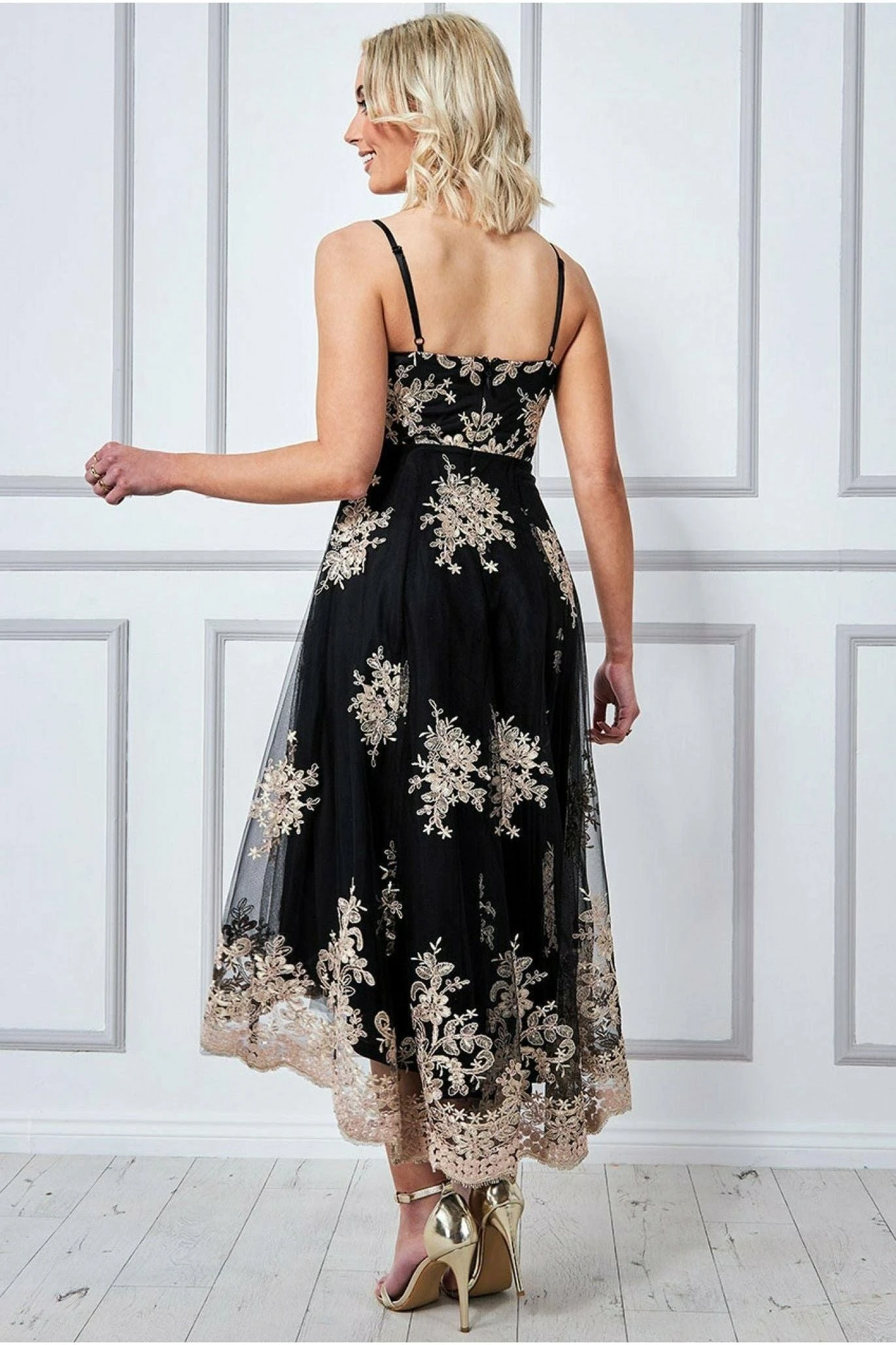 Goddiva High Low Scalloped Midi Dress - Black 2 Goddiva High Low Scalloped Midi Dress - Black - Image 2