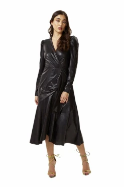 Liquorish Pu Wrap Midi Dress In Black With Long Sleeves