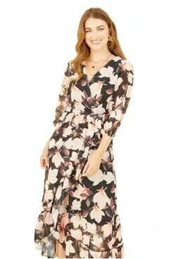 Yumi Black Blossom Wrap Midi Dress With 3/4 Sleeves -Liquosmi Store 2T99jXW7 14852