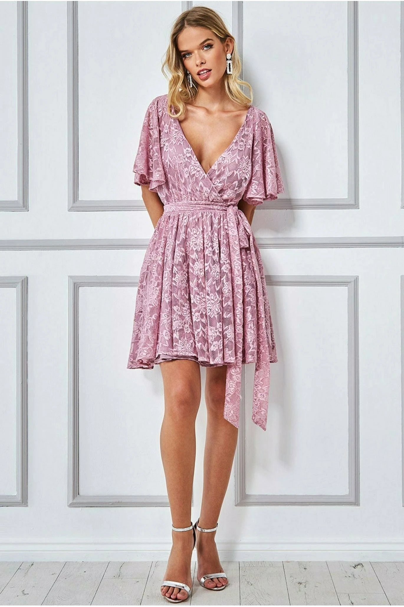 Goddiva Lace Kimono Wrap Skater Mini Dress - Mauve 2 Goddiva Lace Kimono Wrap Skater Mini Dress - Mauve - Image 2
