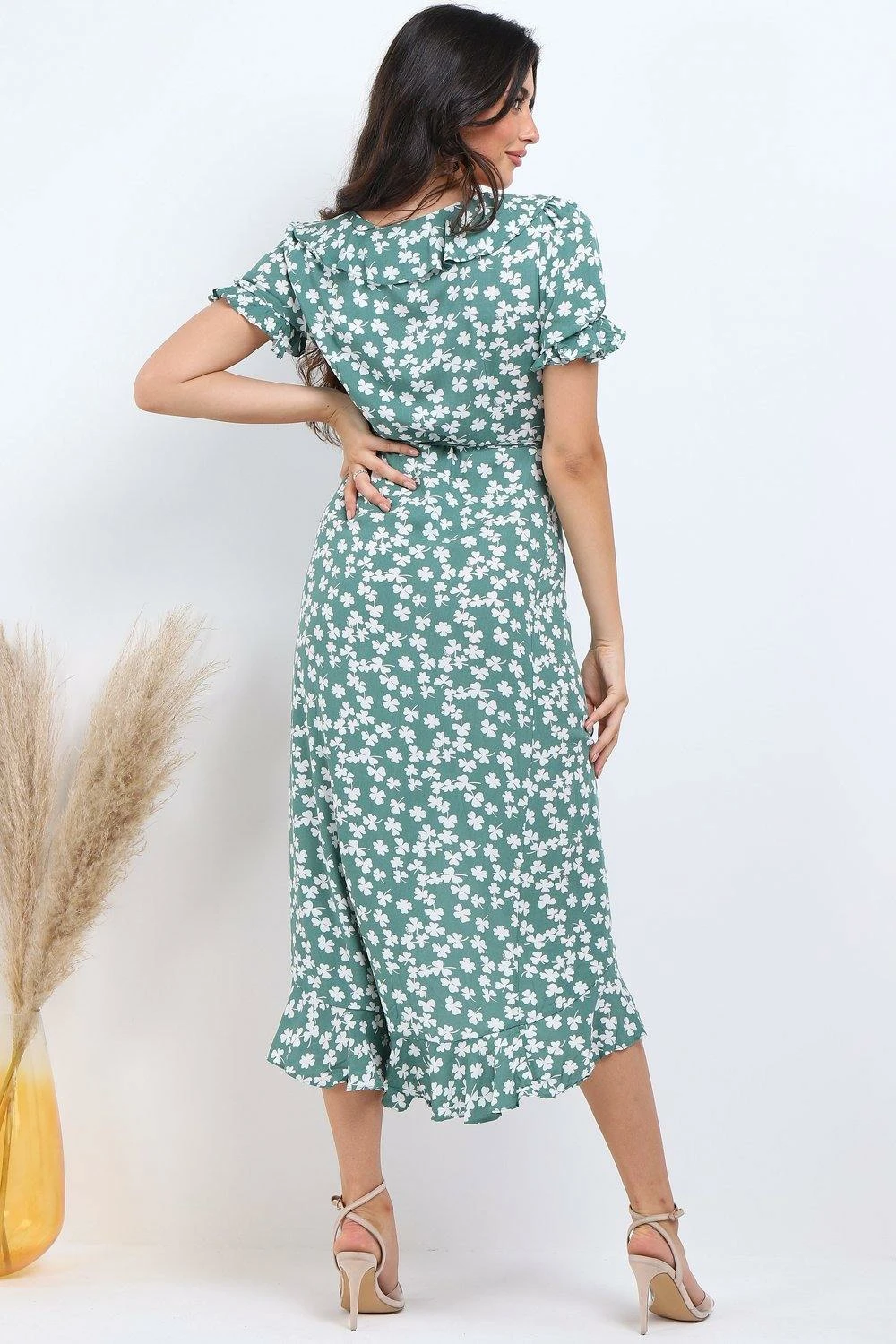 Lilura London Green Floral Print Frill Wrap Midi Dress 2 Lilura London Green Floral Print Frill Wrap Midi Dress - Image 2