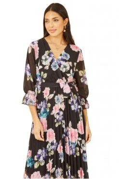 Yumi Black Floral Pleated Wrap Midi Dress -Liquosmi Store 2gFDqzmn 14851