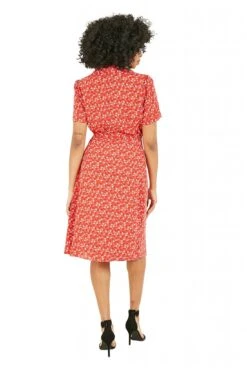 Yumi Red Ditsy Leaf Print Retro Shirt Dress -Liquosmi Store 32c802cu 13968