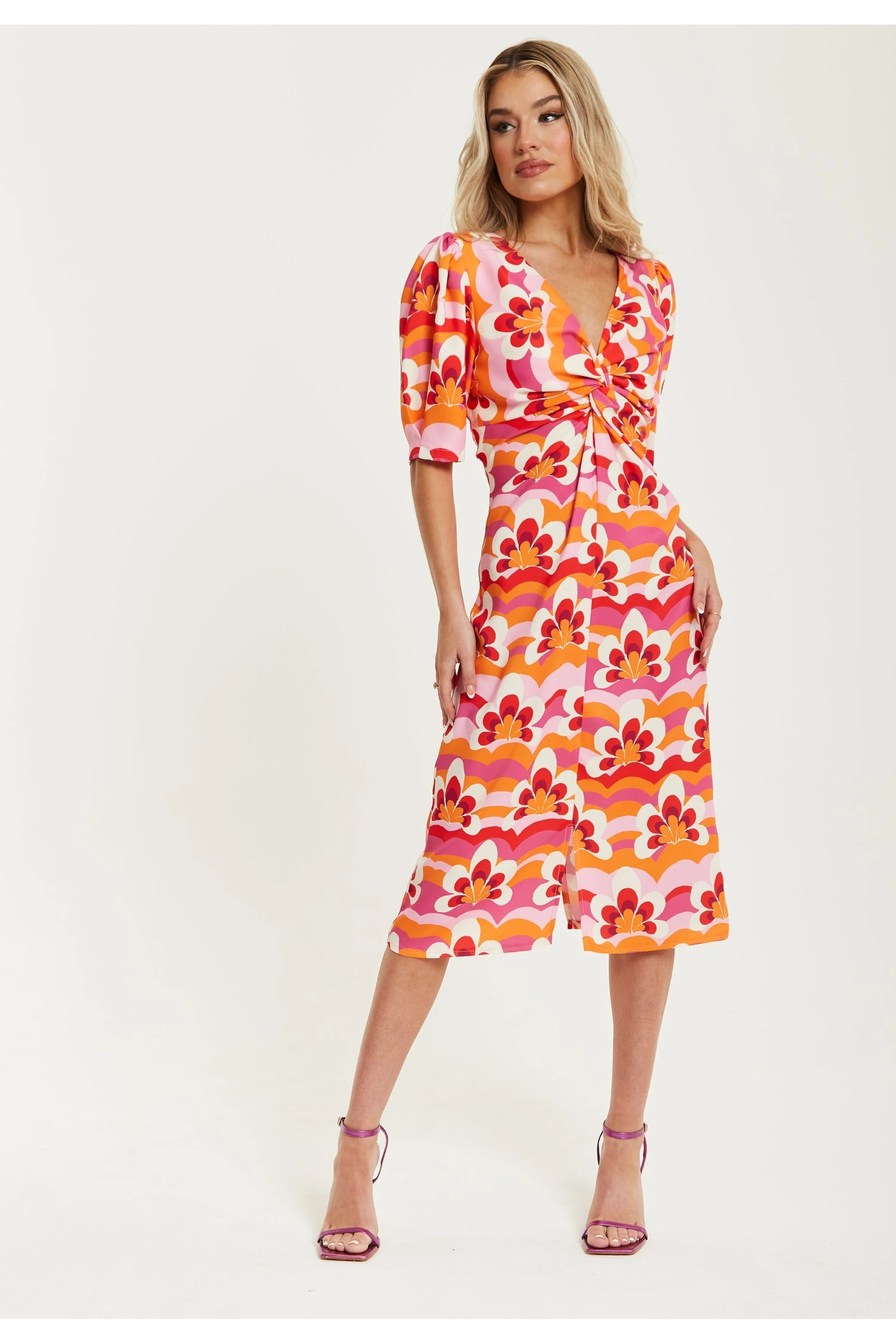 Liquorish Floral Knot Front Midi Dress In Orange And Pink 2 Liquorish Floral Knot Front Midi Dress In Orange And Pink - Image 2