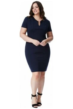 Goddiva Plus Fitted Midi Dress With Metal Bar Detail - Navy -Liquosmi Store 3W3W3F8x 6506