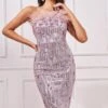 Goddiva Sequin And Feather Boobtube Midi - Blush