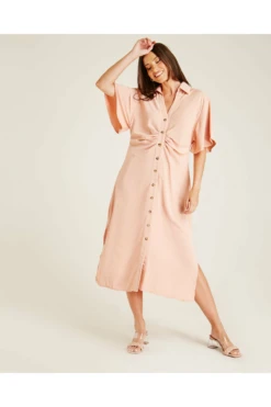 Dusty Pink Ruched Front Button Up Dress | Dusty Pink