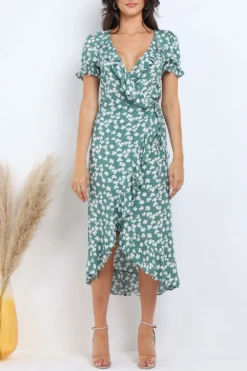 Lilura London Green Floral Print Frill Wrap Midi Dress 9 Lilura London Green Floral Print Frill Wrap Midi Dress -Liquosmi Store 48M1SEXJ 10583