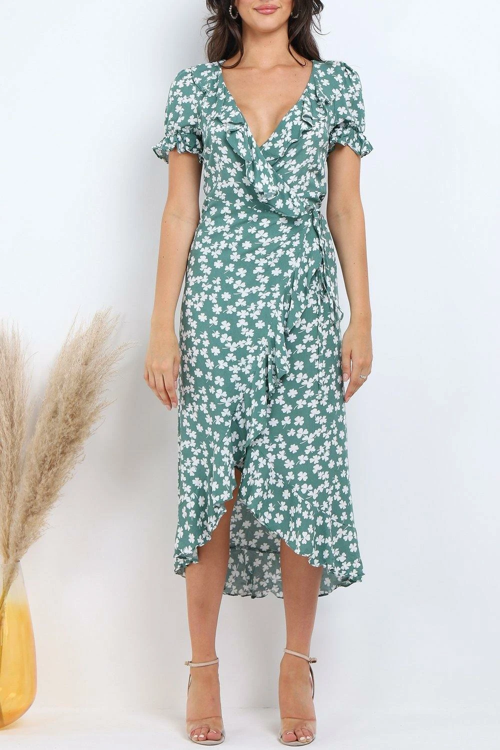Lilura London Green Floral Print Frill Wrap Midi Dress 4 Lilura London Green Floral Print Frill Wrap Midi Dress - Image 4