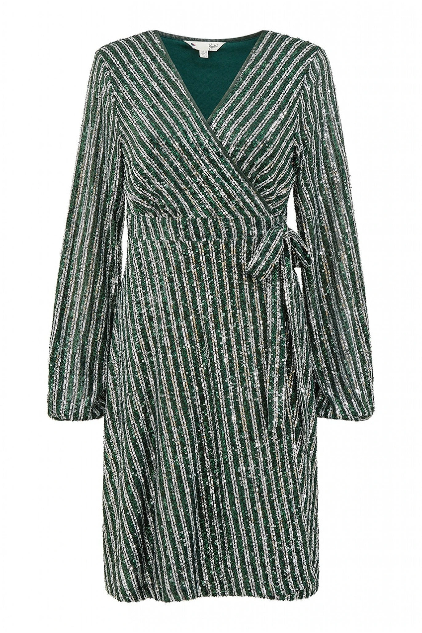 Yumi Green And Silver Stripe Sequin Wrap Dress 2 Yumi Green And Silver Stripe Sequin Wrap Dress - Image 2