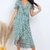 Lilura London Green Floral Print Frill Wrap Midi Dress