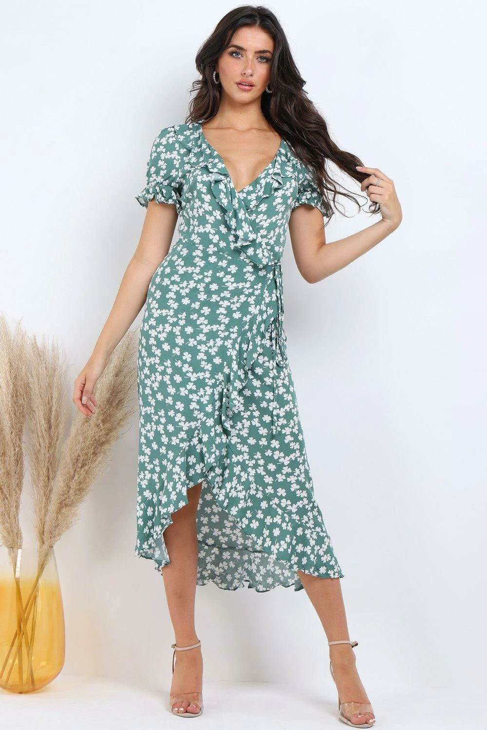 Lilura London Green Floral Print Frill Wrap Midi Dress 1 Lilura London Green Floral Print Frill Wrap Midi Dress