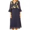 Yumi Navy Embroidered Floral Pleated Midi Dress