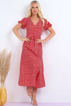 Lilura London Wrap Front Split Leg Maxi Dress Red Daisy Dot -Liquosmi Store 50NivzKm 10615