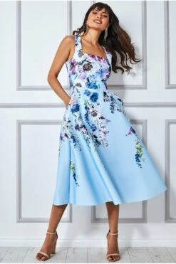 Goddiva Scuba Foam Floral Midi Dress - Light Blue
