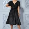 Goddiva Sparkle Wrap Style Flutter Sleeve Midi Dress - Black