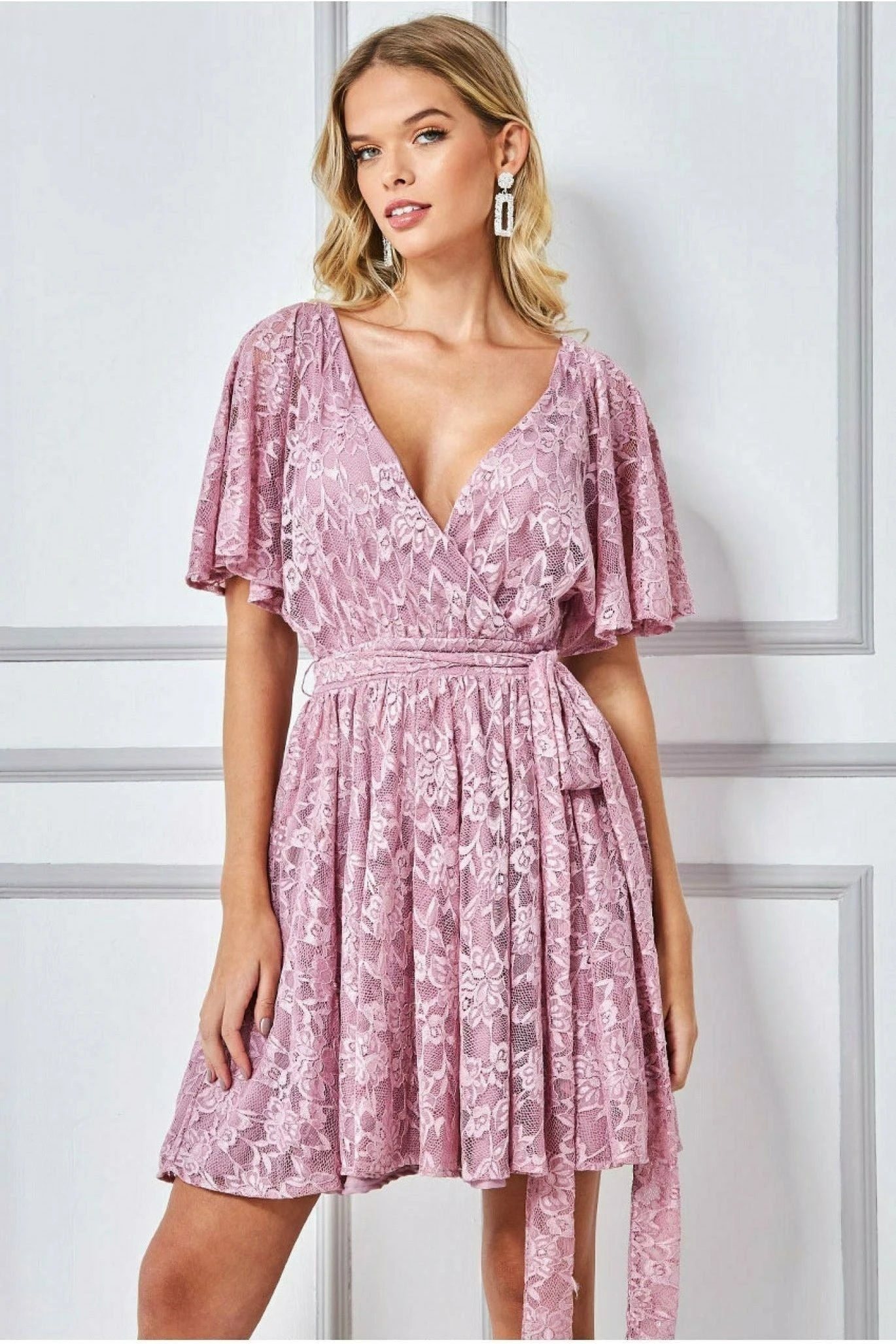 Goddiva Lace Kimono Wrap Skater Mini Dress - Mauve 1 Goddiva Lace Kimono Wrap Skater Mini Dress - Mauve