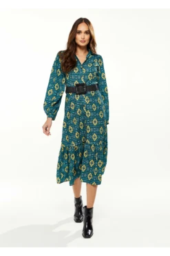 Liquorish African 3/4 Length Sleeve Greenyellownavy Midi