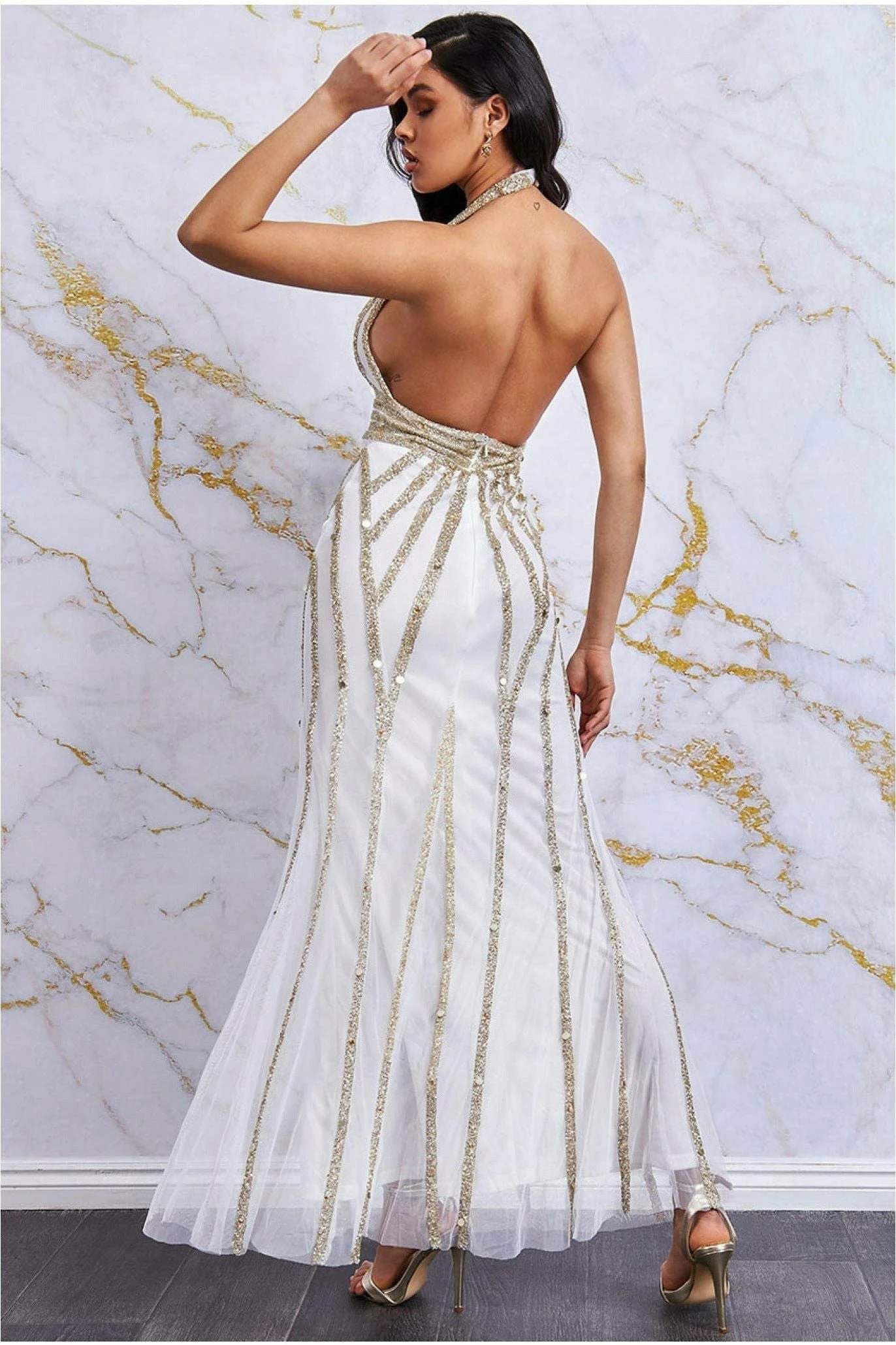 Goddiva Halter Neck Embellished Maxi Dress - White 2 Goddiva Halter Neck Embellished Maxi Dress - White - Image 2