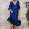 Goddiva Floral Print Puff Sleeve Midi Dress - Royalblue