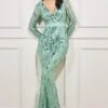 Goddiva Long Sleeve V Neck Sequin Maxi - Sage Green