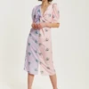 Liquorish Lilac And Pink Floral Knot Front Midi Dress