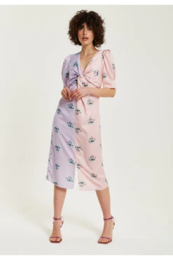 Liquorish Lilac And Pink Floral Knot Front Midi Dress