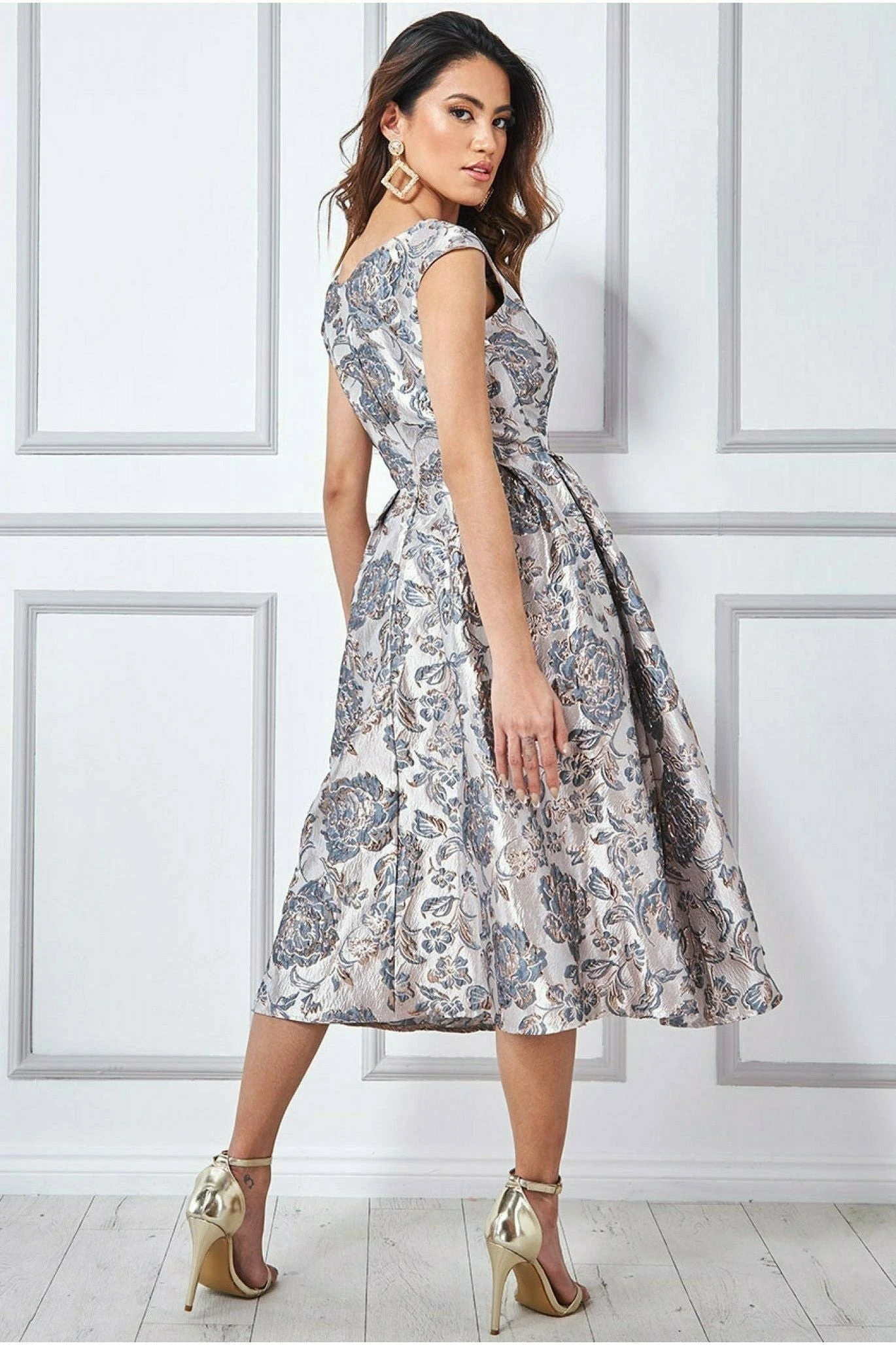 Goddiva Jacquard Off The Shoulder Midi Dress - Champagne 2 Goddiva Jacquard Off The Shoulder Midi Dress - Champagne - Image 2