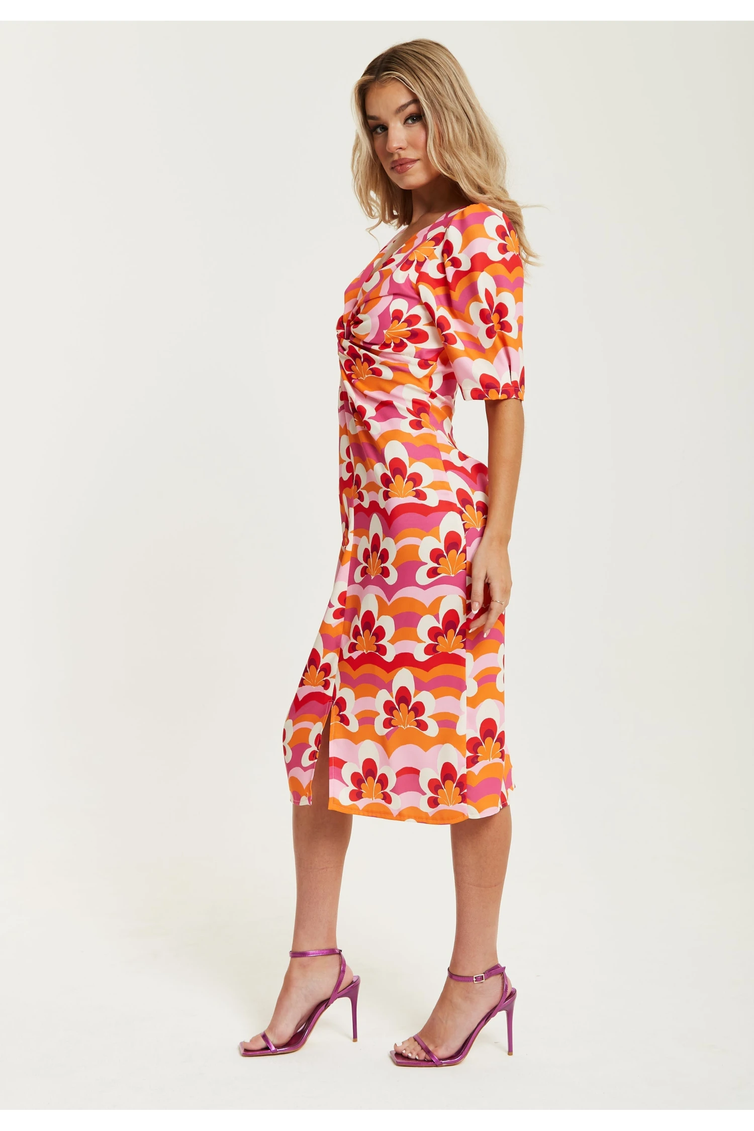 Liquorish Floral Knot Front Midi Dress In Orange And Pink 4 Liquorish Floral Knot Front Midi Dress In Orange And Pink - Image 4