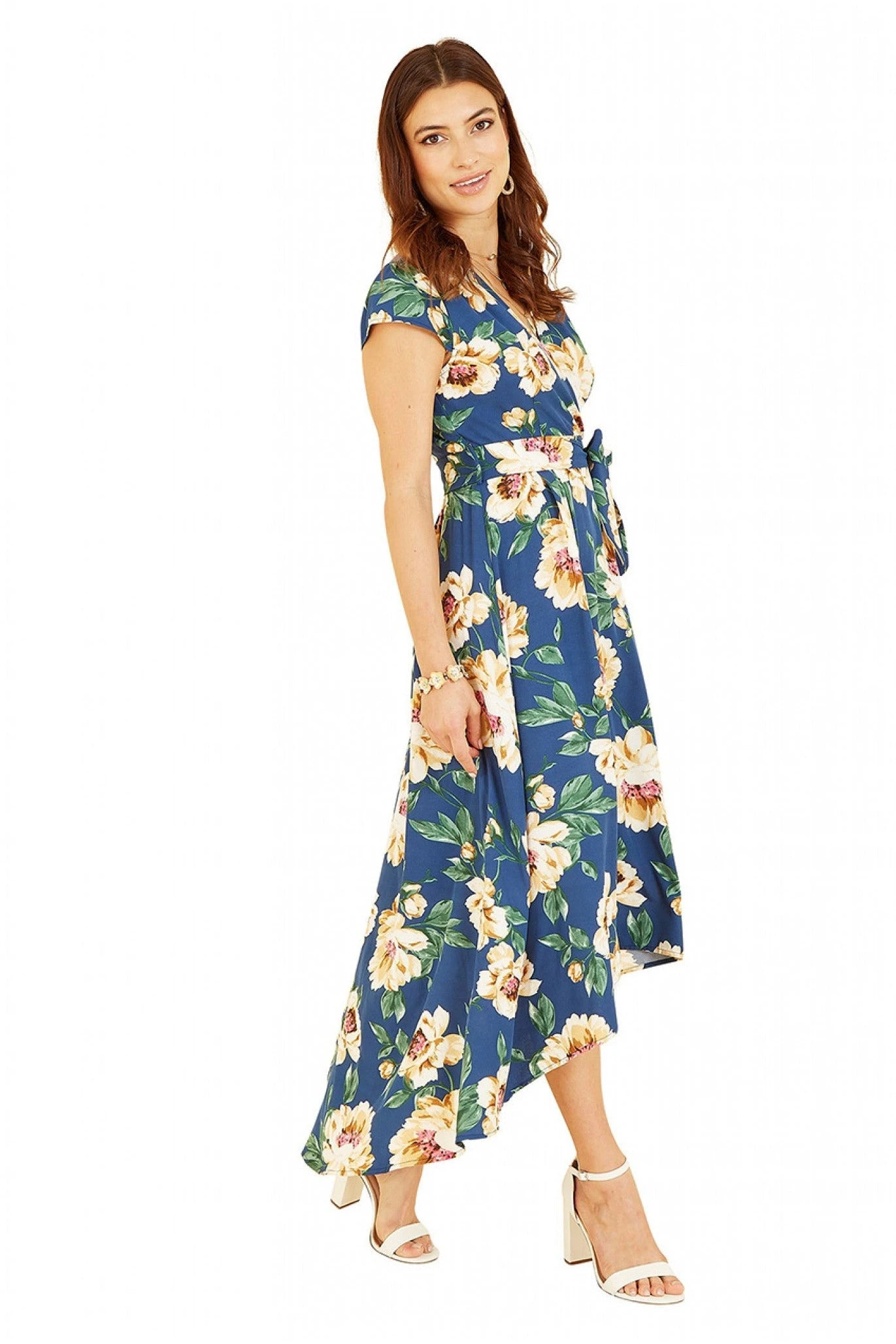 Mela London Blue Painted Floral Print Dipped Hem Wrap Dress 5 Mela London Blue Painted Floral Print Dipped Hem Wrap Dress - Image 5