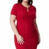 Goddiva Plus Fitted Midi Dress With Metal Bar Detail - Wine