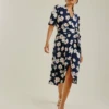 Dusty Pink Daisy Printed Wrapped Hem Dress | Dark Blue