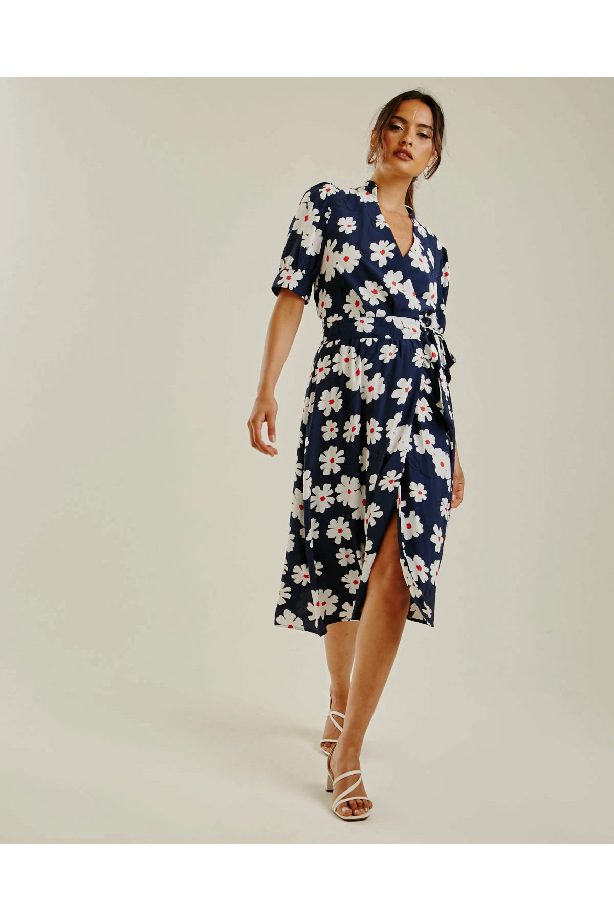 Dusty Pink Daisy Printed Wrapped Hem Dress | Dark Blue 1 Dusty Pink Daisy Printed Wrapped Hem Dress | Dark Blue