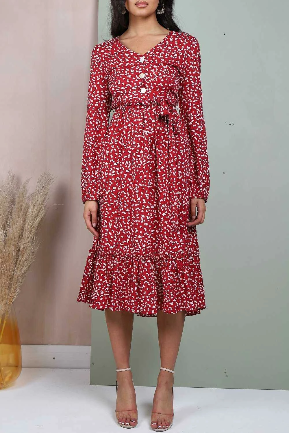 Lilura London Button Front Belted Midi Dress In Red Floral 3 Lilura London Button Front Belted Midi Dress In Red Floral - Image 3