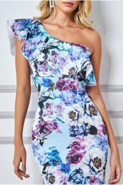 Goddiva One Shoulder Floral Print Mini - Light Blue -Liquosmi Store CPhlMu7q 10178