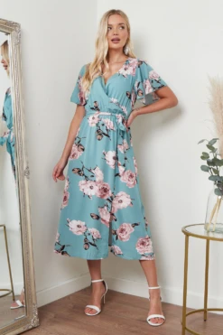 Lilura London Angel Sleeves Midi Wrap Dress In Green Floral