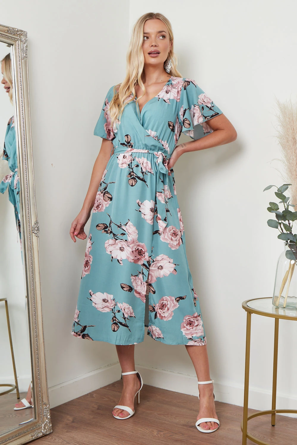 Lilura London Angel Sleeves Midi Wrap Dress In Green Floral 1 Lilura London Angel Sleeves Midi Wrap Dress In Green Floral
