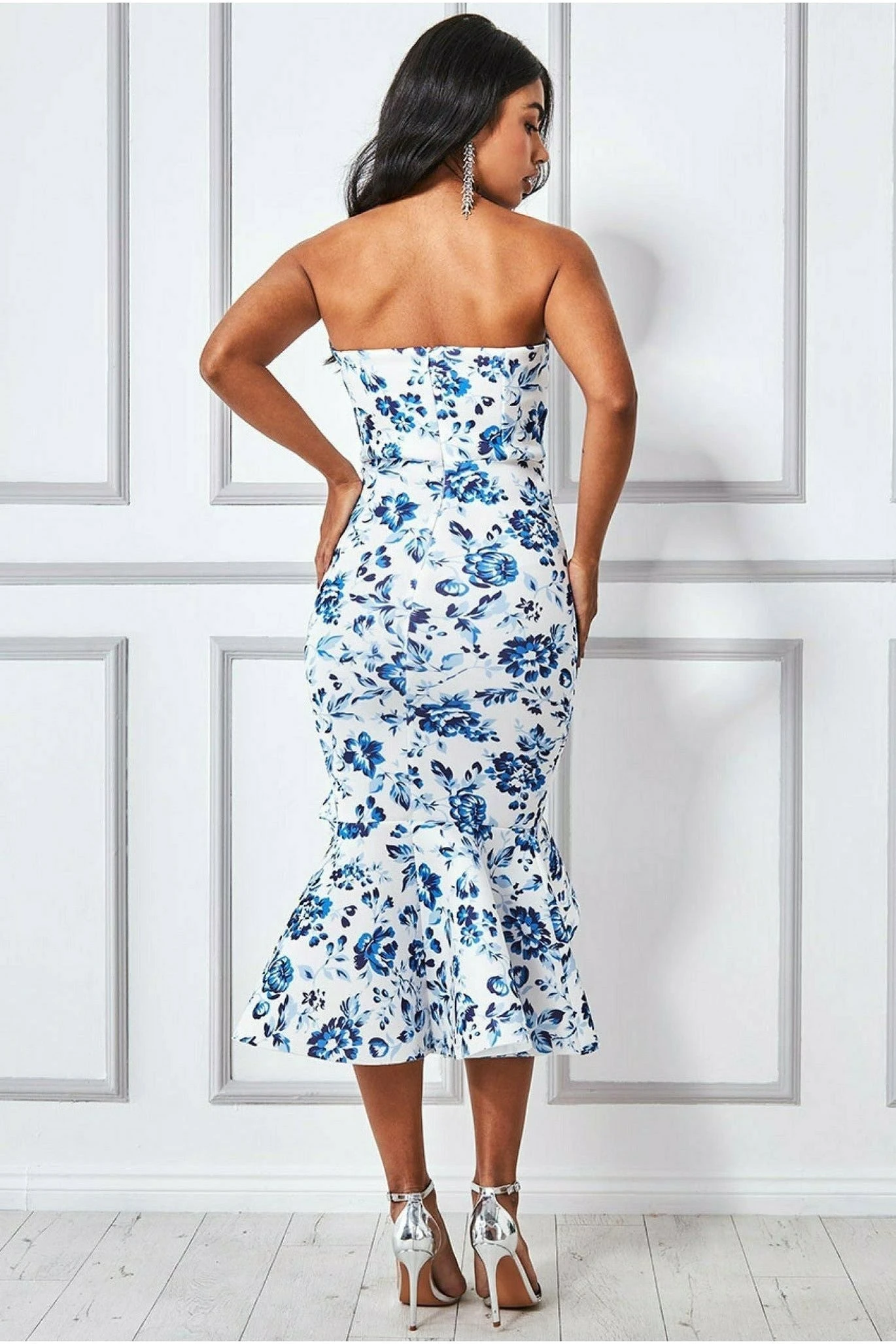 Goddiva Bow Bandeau Midi With Ruffles - Blue Print 2 Goddiva Bow Bandeau Midi With Ruffles - Blue Print - Image 2