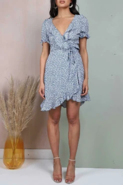 Lilura London Blue Floral Frill Wrap Mini Dress -Liquosmi Store Ct2gUoN2 10589
