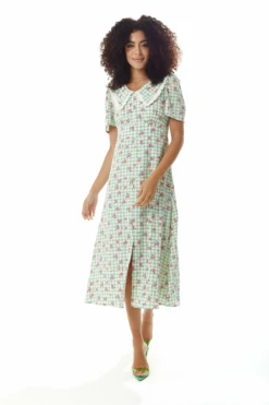 Liquorish Gingham Floral Midi Dress In Greenwhite With Lace