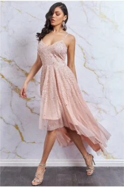 Danaya High Low Spaghetti Strap Maxi With Sequins - Peach