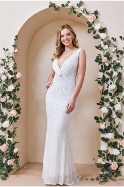 Goddiva Twisted Front Sequin Wedding Dress - White