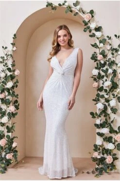 Goddiva Twisted Front Sequin Wedding Dress - White -Liquosmi Store DR2723 white front l
