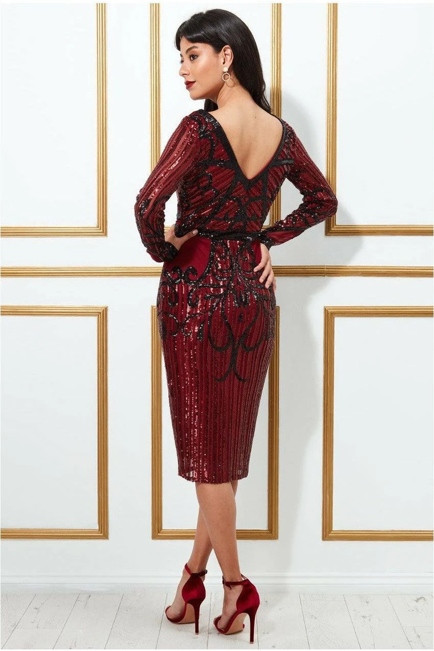 Goddiva Sequined Mesh With Open Back Midi Dress - Wine 2 Goddiva Sequined Mesh With Open Back Midi Dress - Wine - Image 2