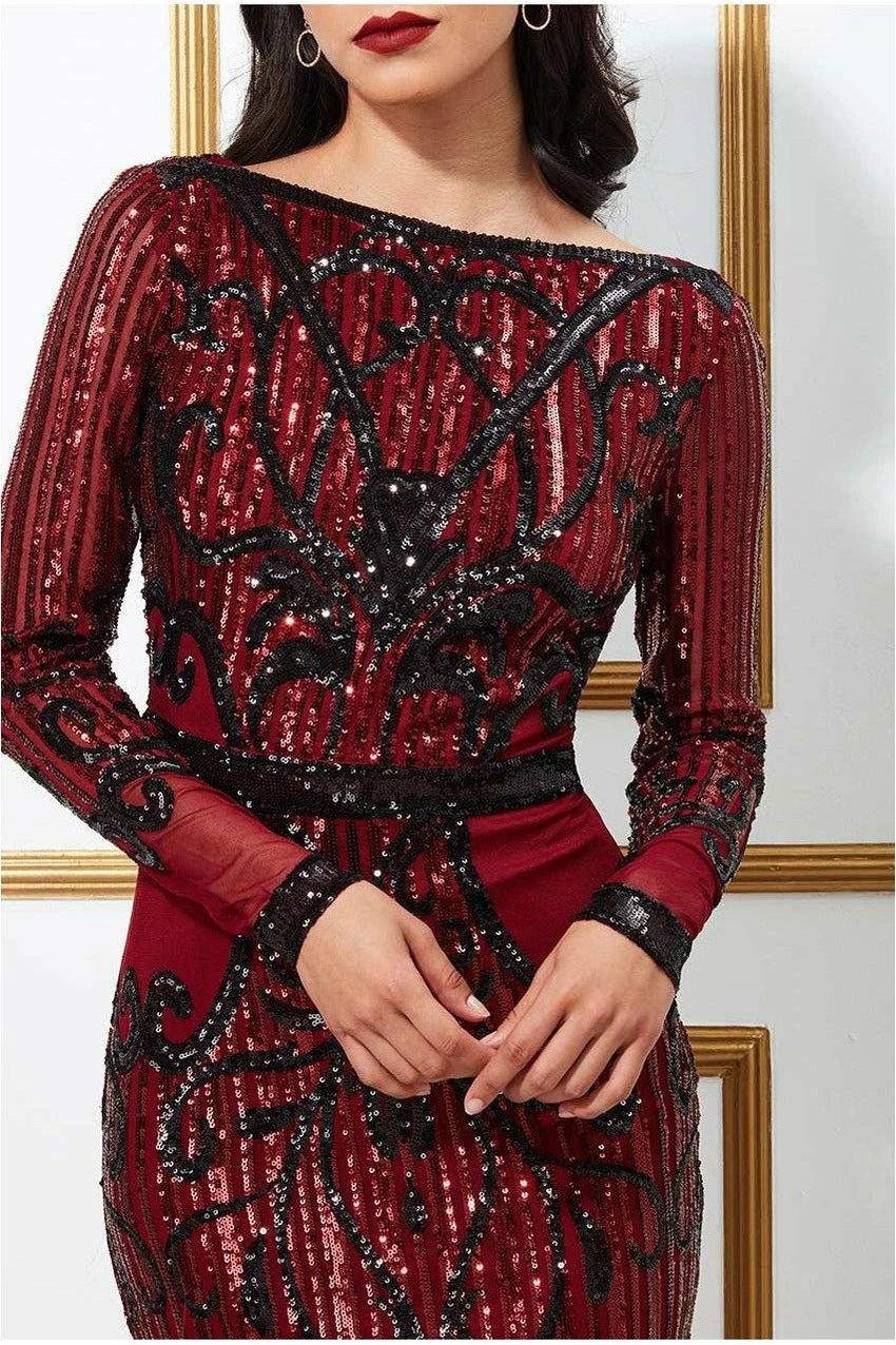 Goddiva Sequined Mesh With Open Back Midi Dress - Wine 4 Goddiva Sequined Mesh With Open Back Midi Dress - Wine - Image 4