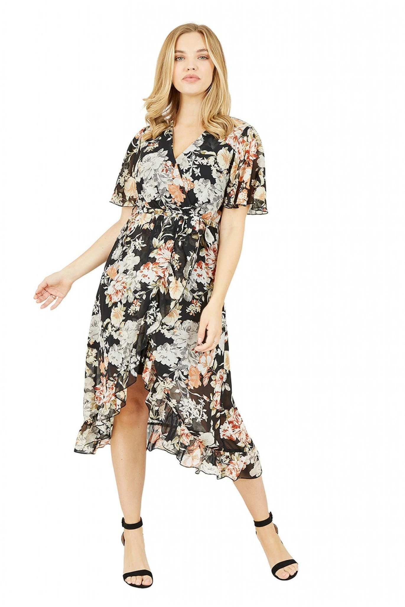 Mela London Black Floral High Low Wrap Dress 1 Mela London Black Floral High Low Wrap Dress