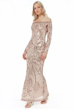 Goddiva Off The Shoulder Long Sleeve Sequin Maxi - Champagne