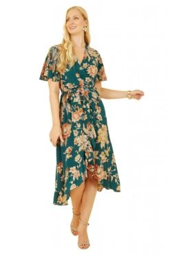 Mela London Teal Winter Floral Wrap Midi Dress -Liquosmi Store EjMPhLpB 13512